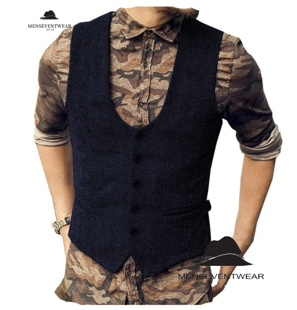 Fashion Men's Casual Tweed Herringbone U Neck Waistcoat menseventwear