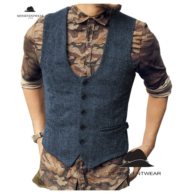 Fashion Men's Casual Tweed Herringbone U Neck Waistcoat menseventwear