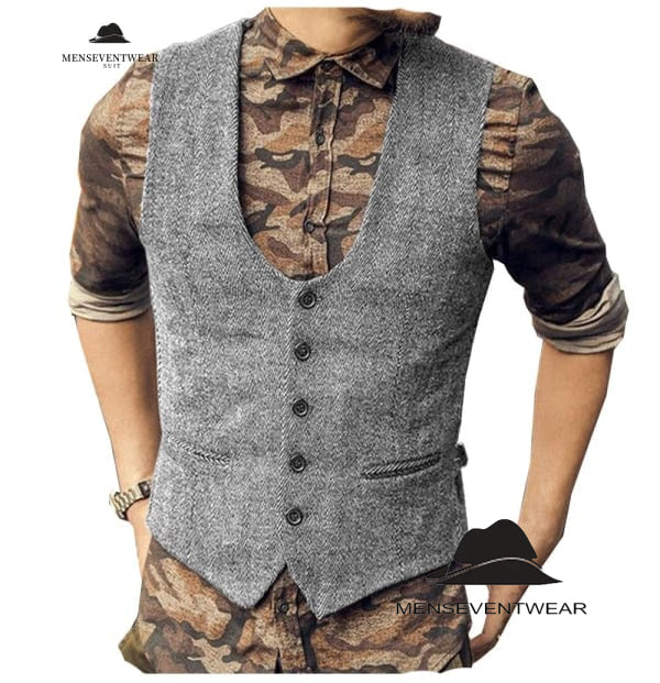 Fashion Men's Casual Tweed Herringbone U Neck Waistcoat menseventwear