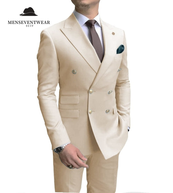 Formal 2 Pieces Mens Suit Double Breasted Flat Peak Lapel Tuxedos (Blazer+Pants) mens event wear