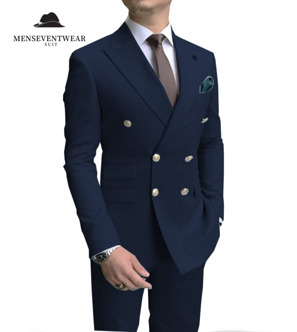 Formal 2 Pieces Mens Suit Double Breasted Flat Peak Lapel Tuxedos (Blazer+Pants) mens event wear