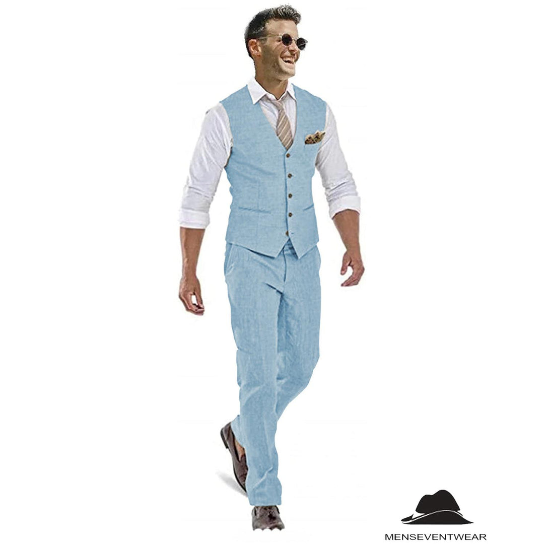 Menseventwear Formal Pieces Mens Suit Flat Linen V Neck For Wedding (Vest Pants)