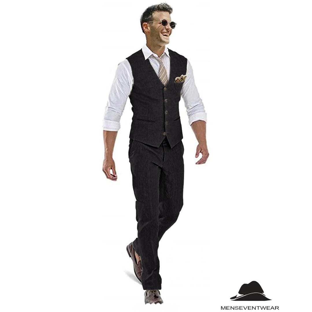 Menseventwear Formal Pieces Mens Suit Flat Linen V Neck For Wedding (Vest Pants)