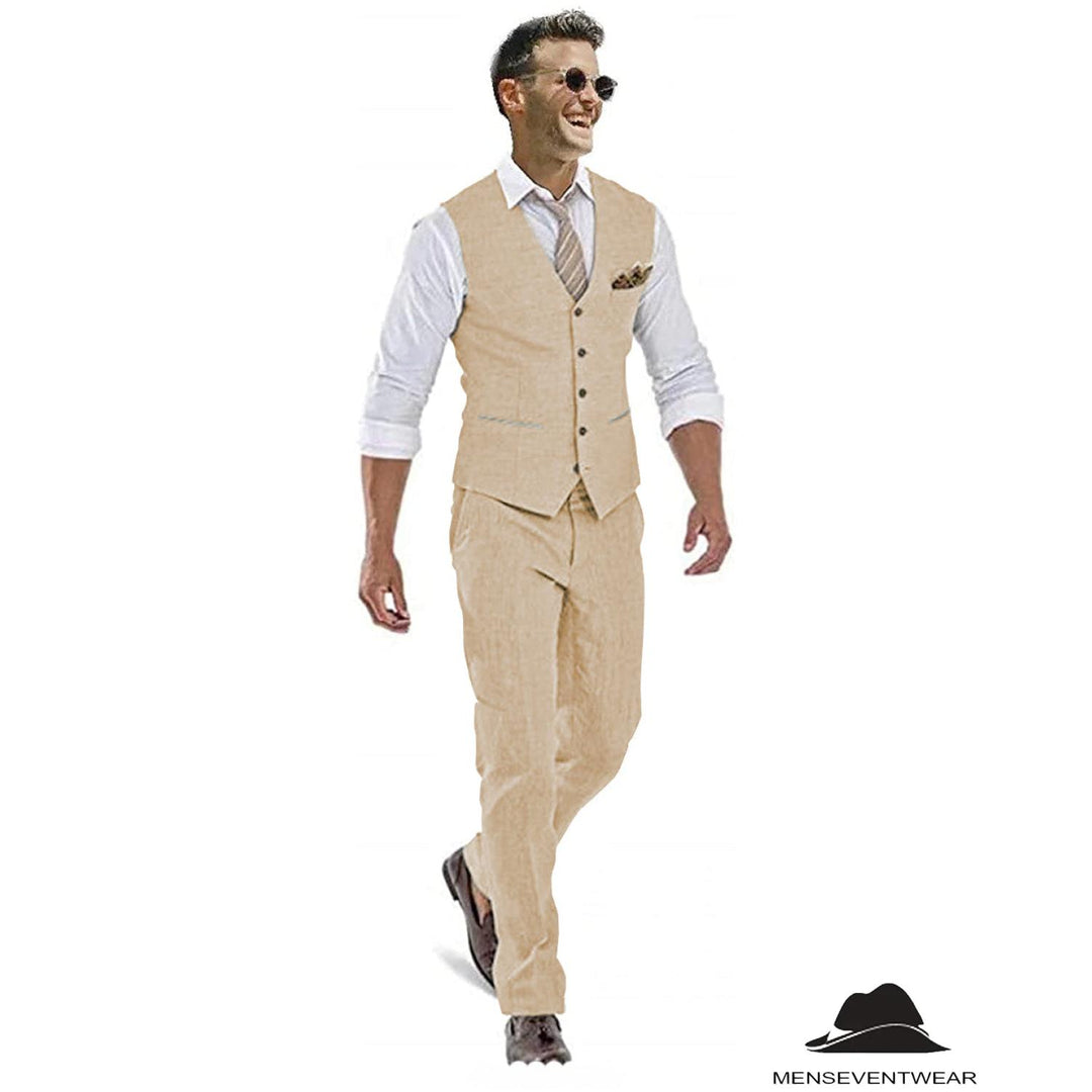 Menseventwear Formal Pieces Mens Suit Flat Linen V Neck For Wedding (Vest Pants)