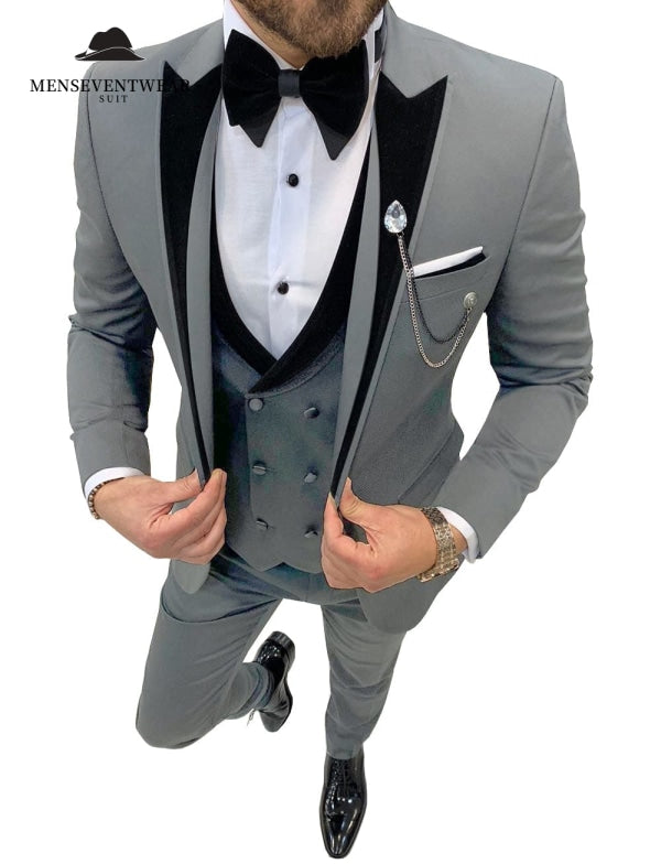 Formal 3 Pieces Mens Suit Classic Flat Peak Lapel Solid Tuxedos (Blazer+vest+Pants) mens event wear