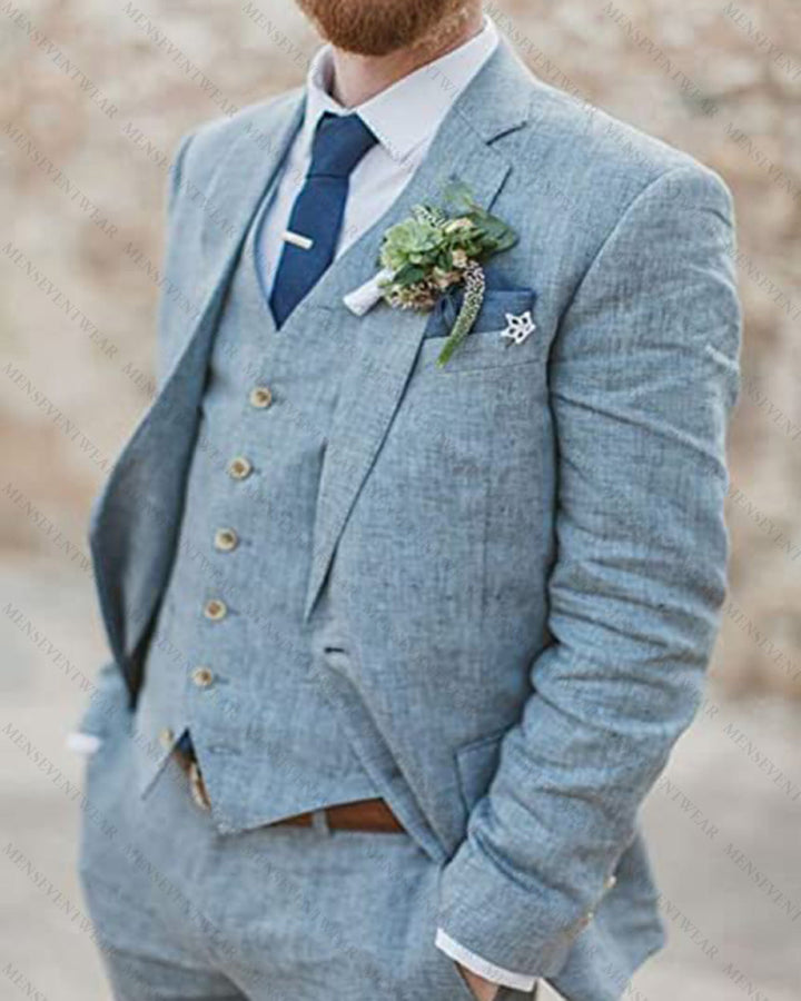 Formal 3 Pieces Mens Suit Flat Linen Notch Lapel Suit (Blazer + Vest + Pants) mens event wear