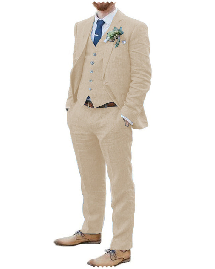 Formal 3 Pieces Mens Suit Flat Linen Notch Lapel Suit (Blazer + Vest + Pants) mens event wear