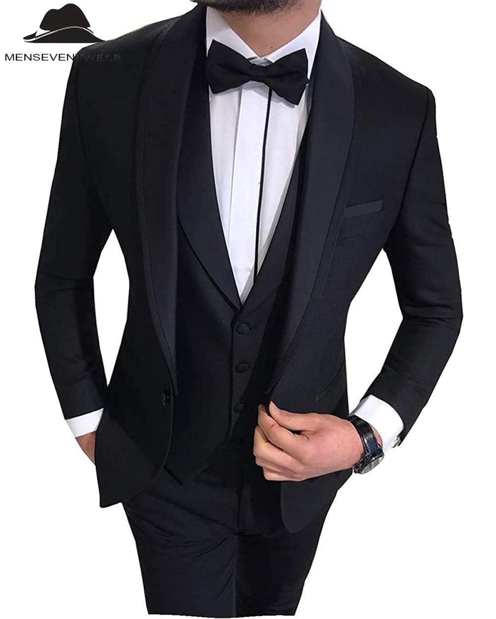 Formal 3 Pieces Mens Suit Flat Shawl Lapel Tuxedos (Blazer+vest+Pants) mens event wear