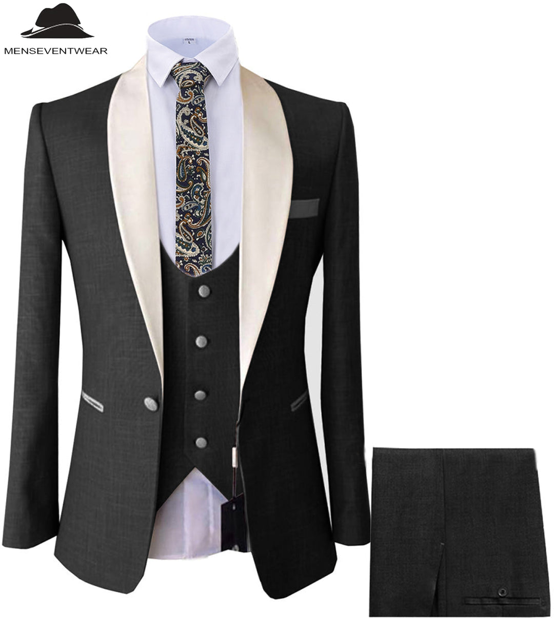 Formal 3 Pieces Mens Suit Flat Shawl Lapel Tuxedos (Blazer+vest+Pants) mens event wear