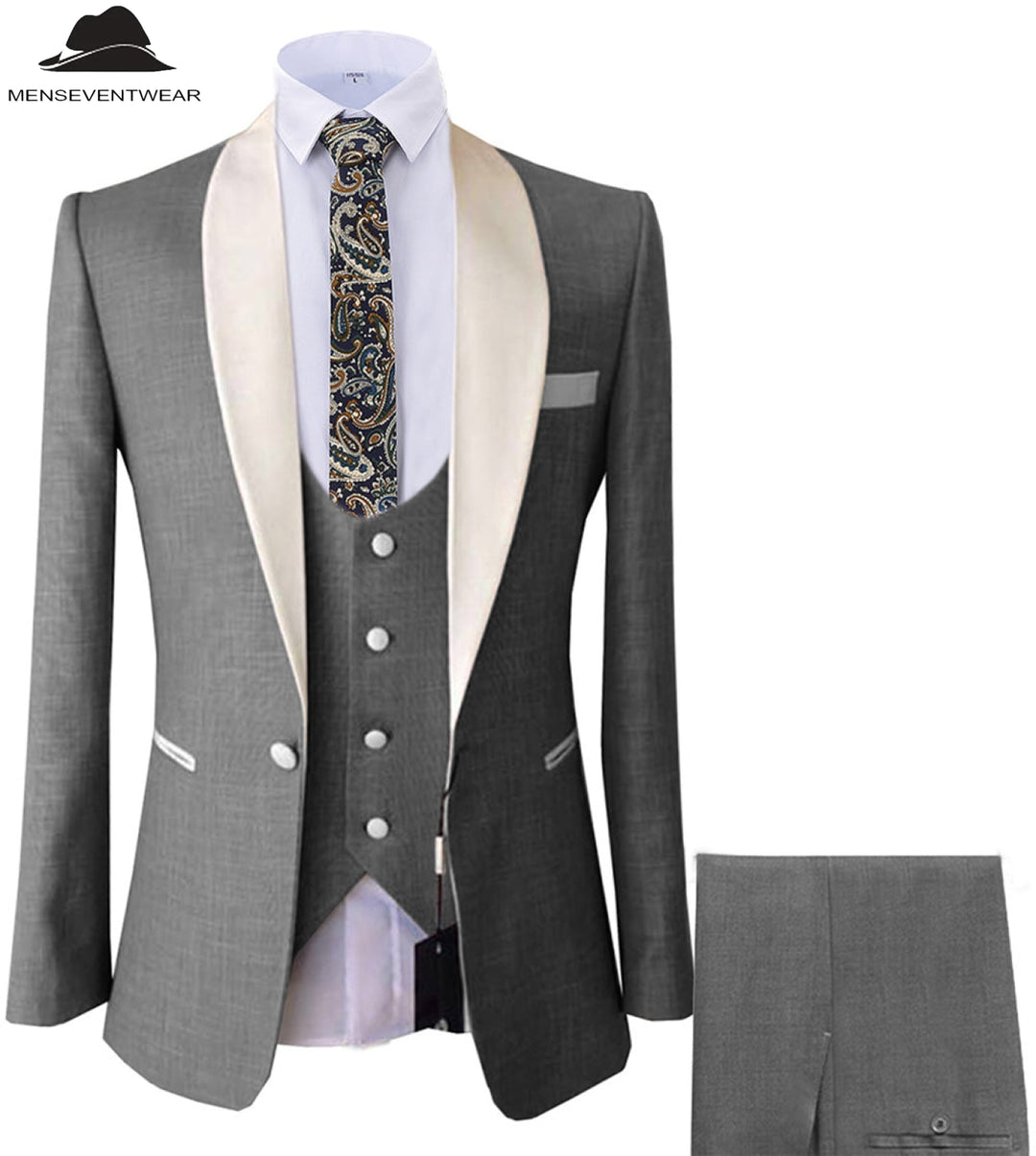 Formal 3 Pieces Mens Suit Flat Shawl Lapel Tuxedos (Blazer+vest+Pants) mens event wear