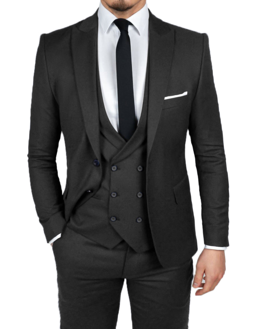 Formal Men's 3 Pieces Flat Slim Fit Peak Lapel Tuxedos Groomsmen (Blazer+vest+Pants) mens event wear
