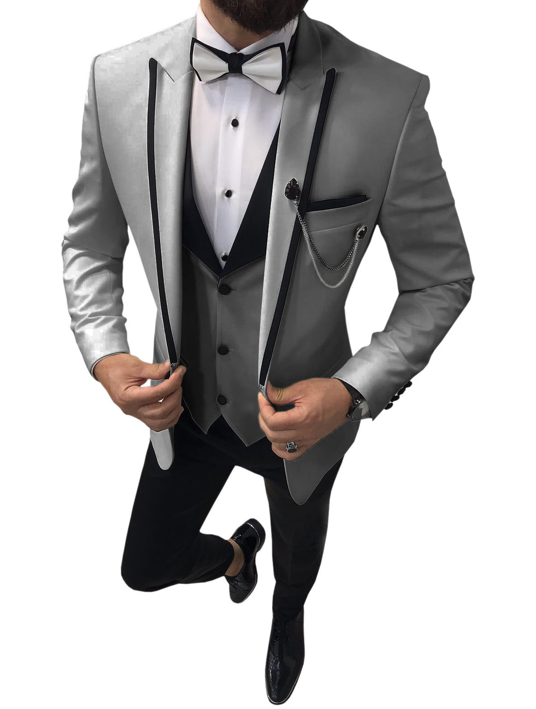 Formal Men's 3 Pieces Mens Suit Peak Lapel Tuxedos For Wedding (Blazer+vest+Pants) mens event wear