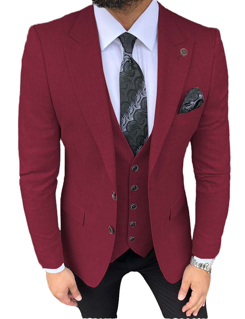 Formal Men's 3 Pieces Slim Fit Solid Color Peak Lapel Tuxedos (Blazer+vest+Pants) mens event wear