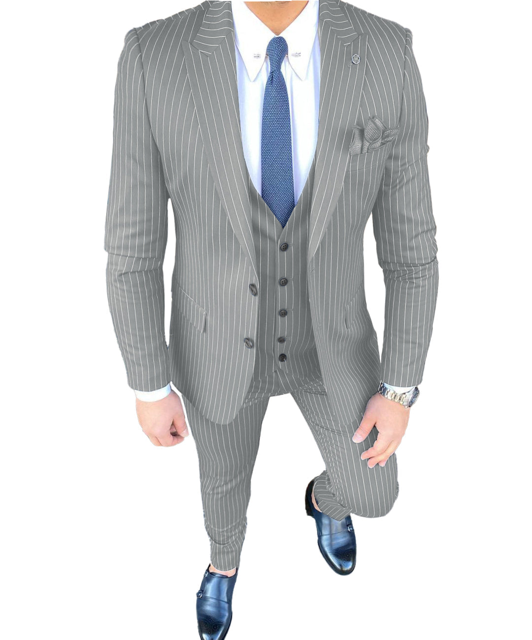 Formal Men's 3 Pieces Slim Fit Striped Peak Lapel Tuxedos (Blazer+vest+Pants) mens event wear