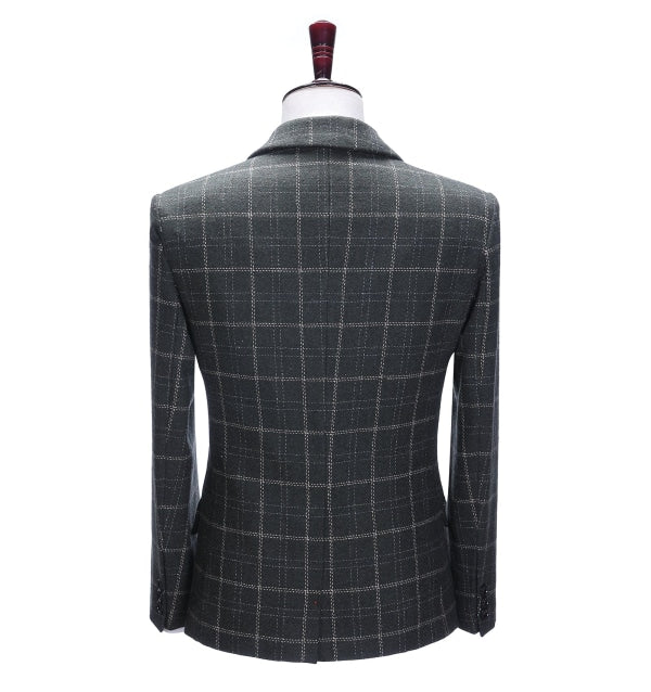 Formal Men's Business 3 Pieces Black Plaid Tweed Notch Lapel Suit (Blazer+vest+Pants) Adam Reed