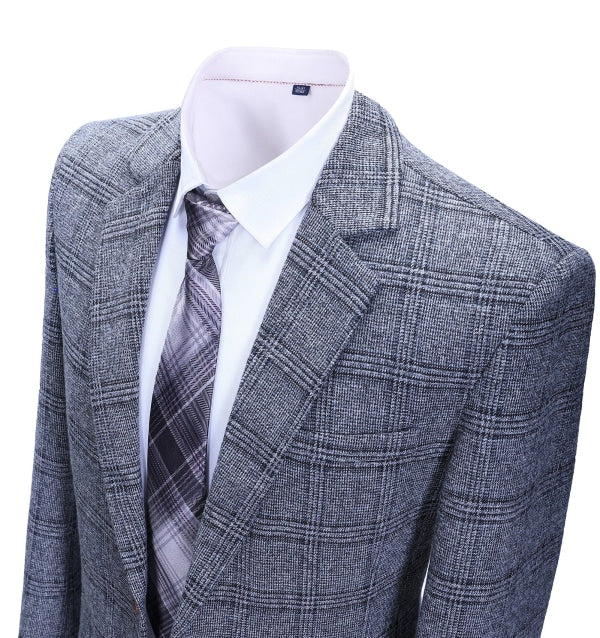 Formal Men's Business Grey Plaid Notch Lapel Blazer mens event wear