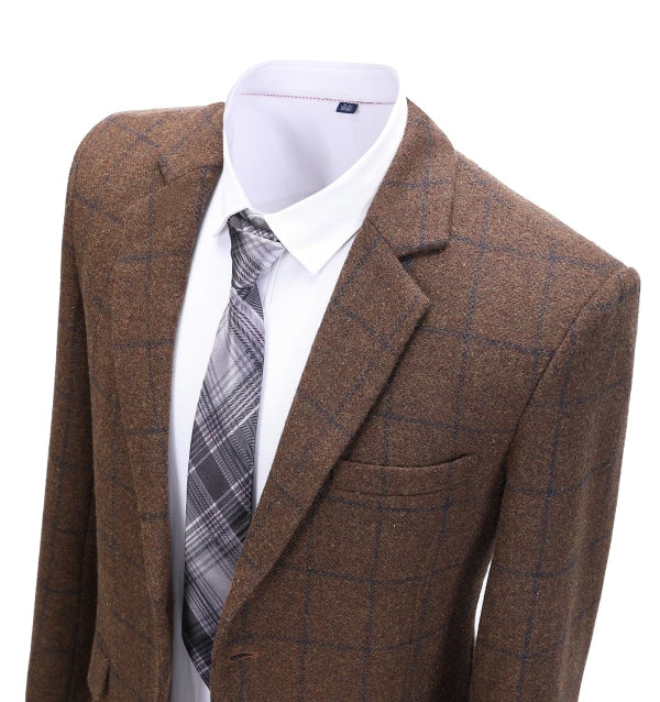 Formal Men's Coffee Plaid Notch Lapel Blazer mens event wear