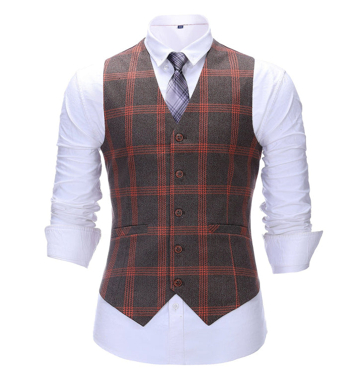 Formal Men's Suit Vest Burgundy Plaid V Neck Waistcoat mens event wear