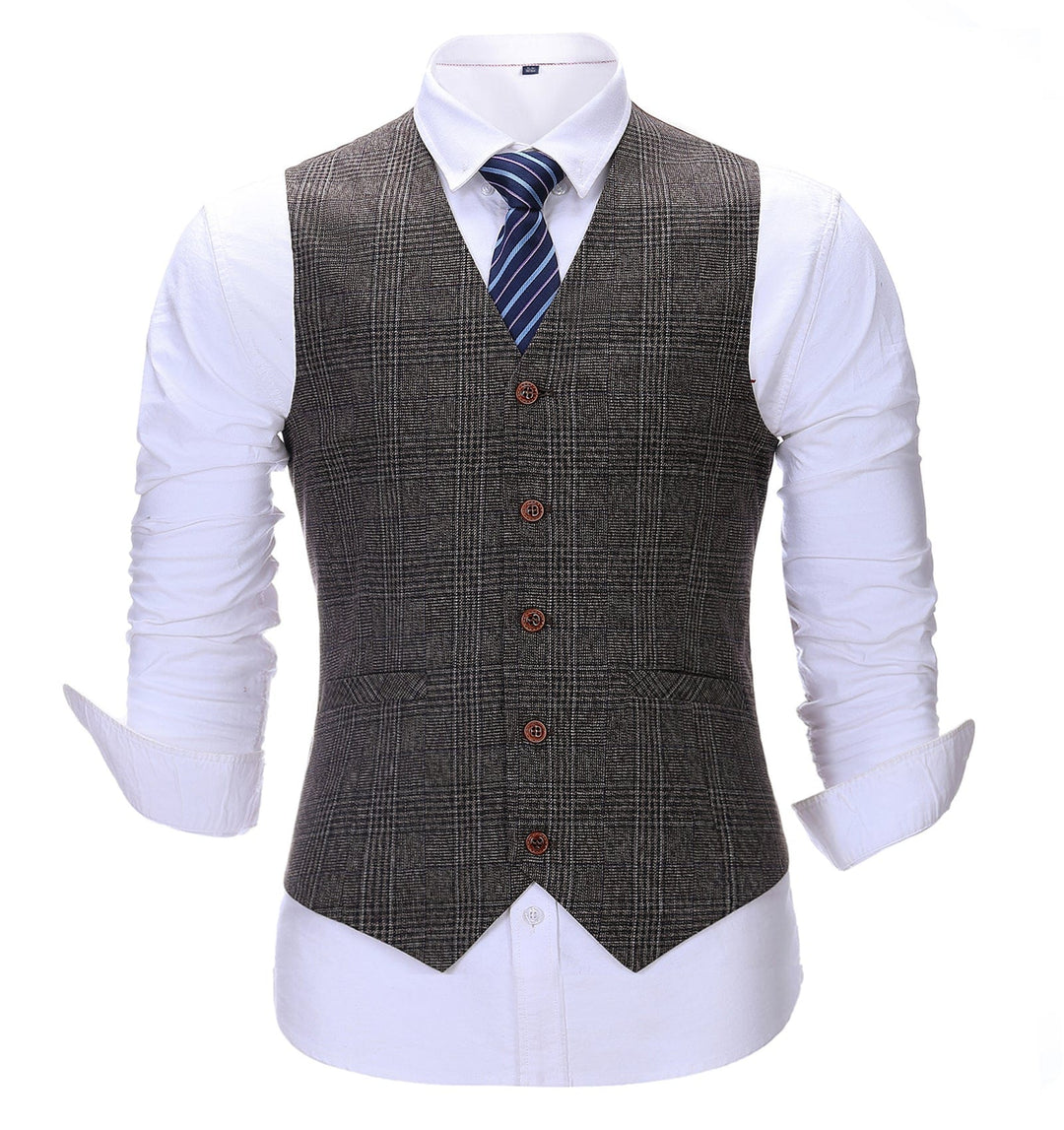 Formal Men's Suit Vest Coffee Plaid V Neck Waistcoat mens event wear