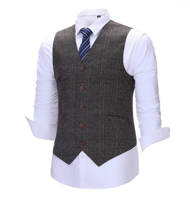 Formal Men's Suit Vest Coffee Plaid V Neck Waistcoat mens event wear