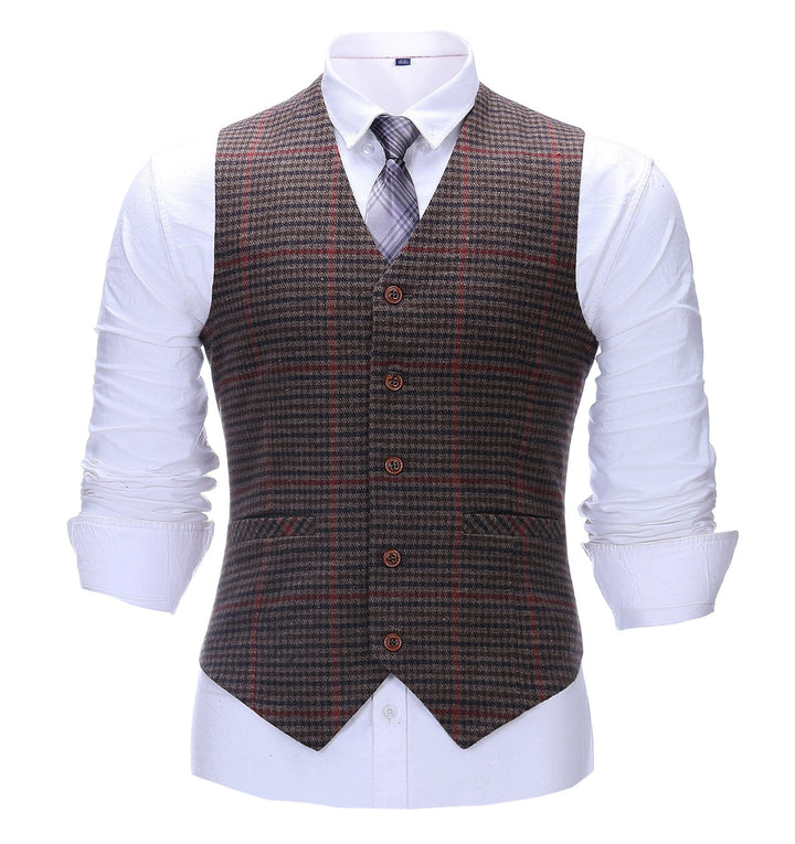 Formal Men's Suit Vest Coffee Plaid V Neck Waistcoat mens event wear