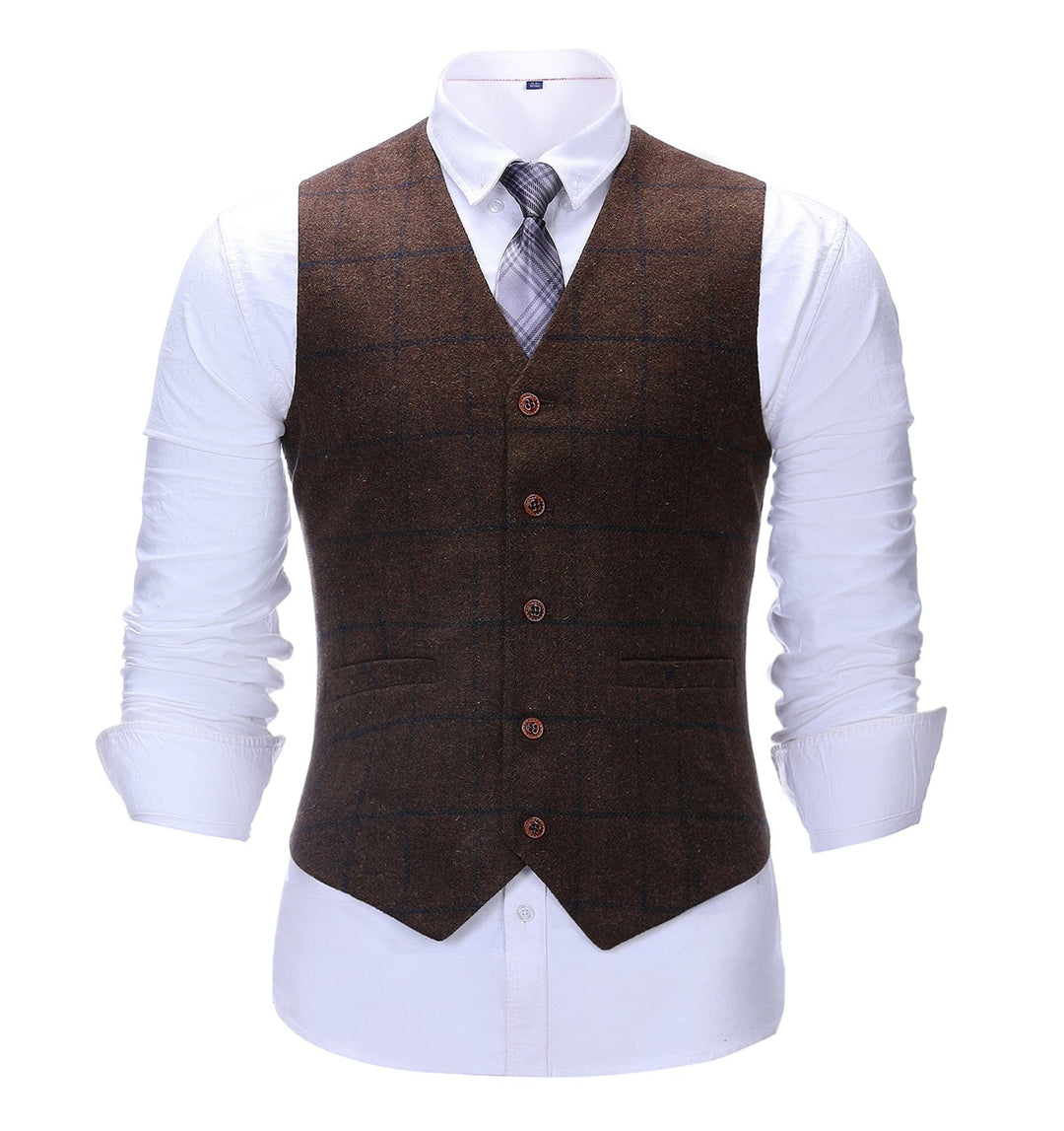 Formal Men's Suit Vest Coffee Tweed Plaid V Neck Waistcoat mens event wear