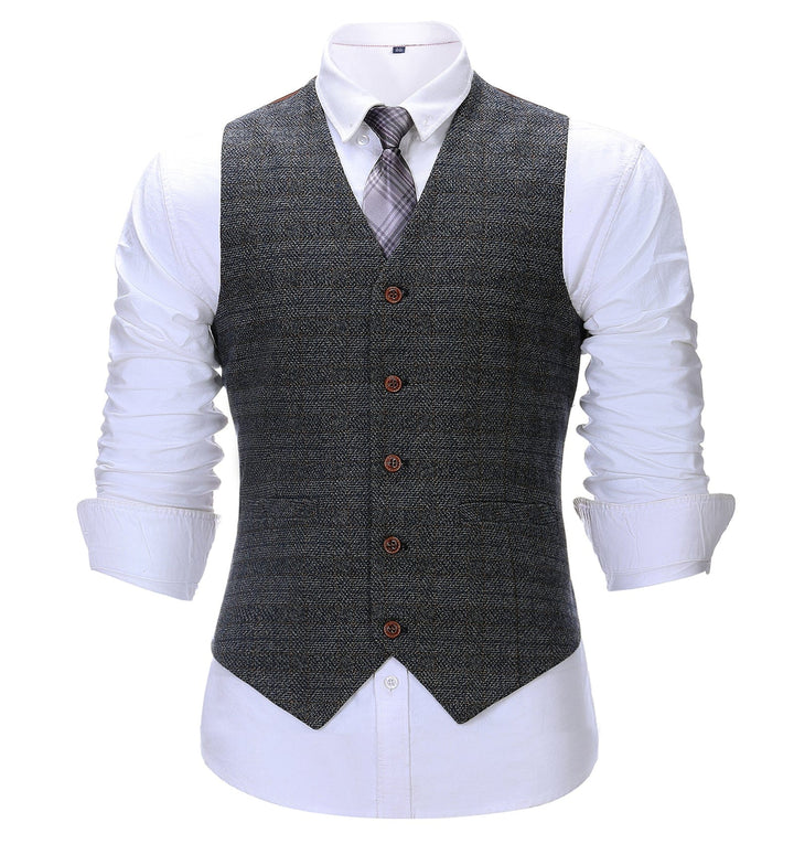 Formal Men's Suit Vest Dark Grey Plaid V Neck Waistcoat mens event wear