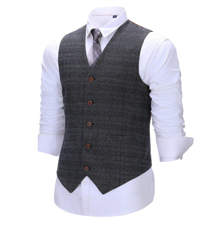 Formal Men's Suit Vest Dark Grey Plaid V Neck Waistcoat mens event wear