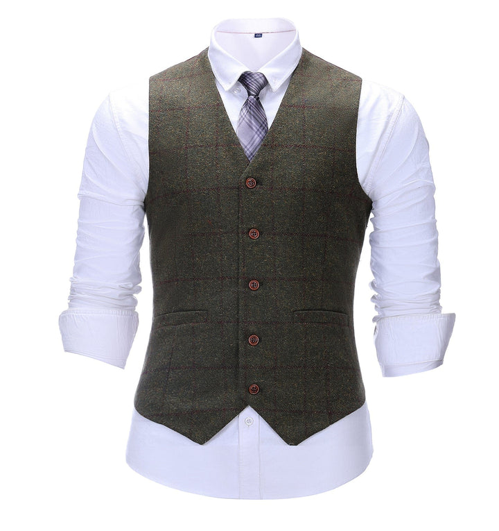 Formal Men's Suit Vest Green Tweed Plaid V Neck Waistcoat mens event wear