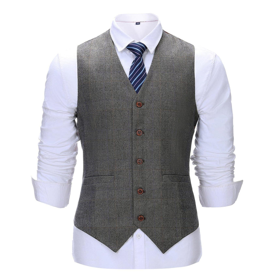 Formal Men's Suit Vest Grey Plaid V Neck Waistcoat