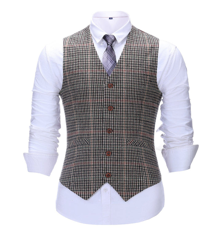 Formal Men's Suit Vest Khaki Plaid V Neck Waistcoat mens event wear