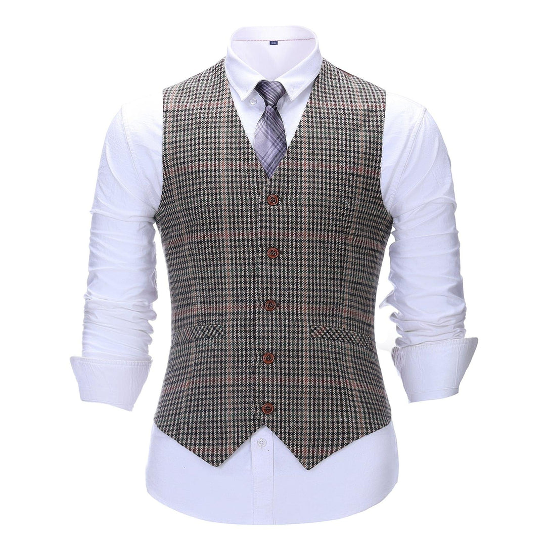 Formal Men's Suit Vest Khaki Plaid V Neck Waistcoat