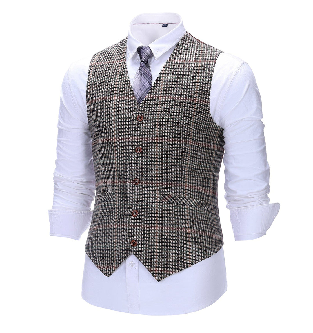 Formal Men's Suit Vest Khaki Plaid V Neck Waistcoat mens event wear