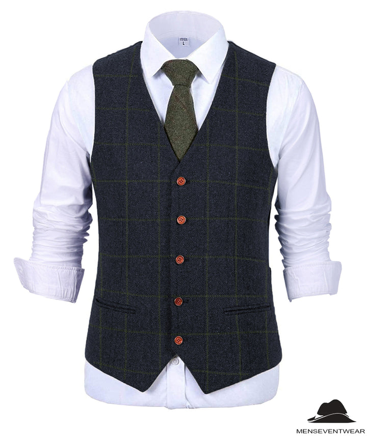 Formal Men's Suit Vest Plaid Tweed V Neck Waistcoat mens event wear