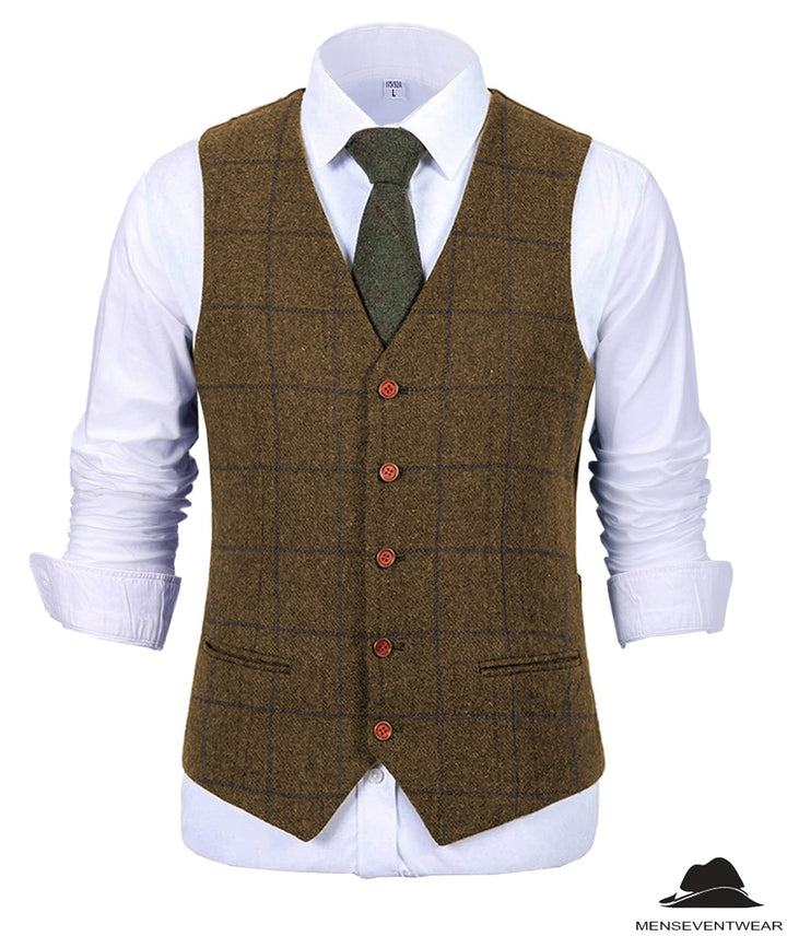 Formal Men's Suit Vest Plaid Tweed V Neck Waistcoat mens event wear