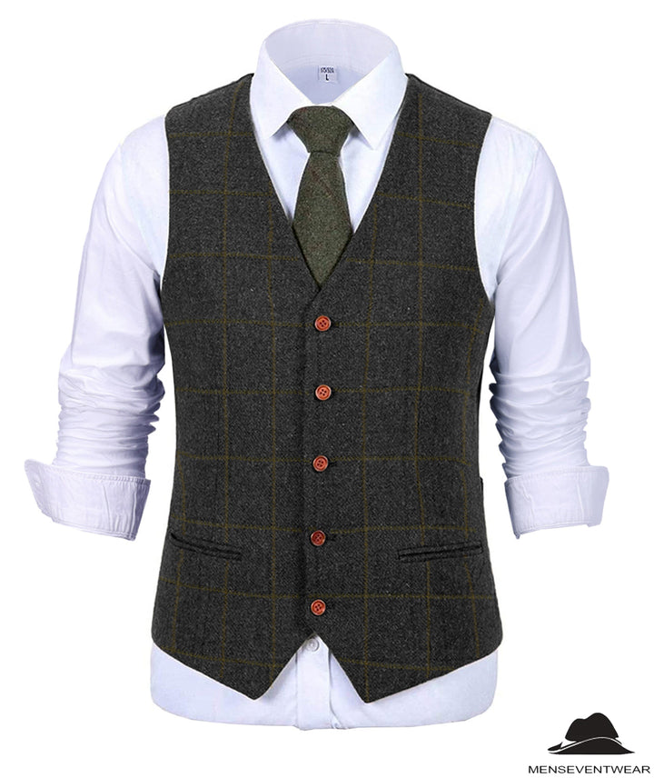 Formal Men's Suit Vest Plaid Tweed V Neck Waistcoat mens event wear