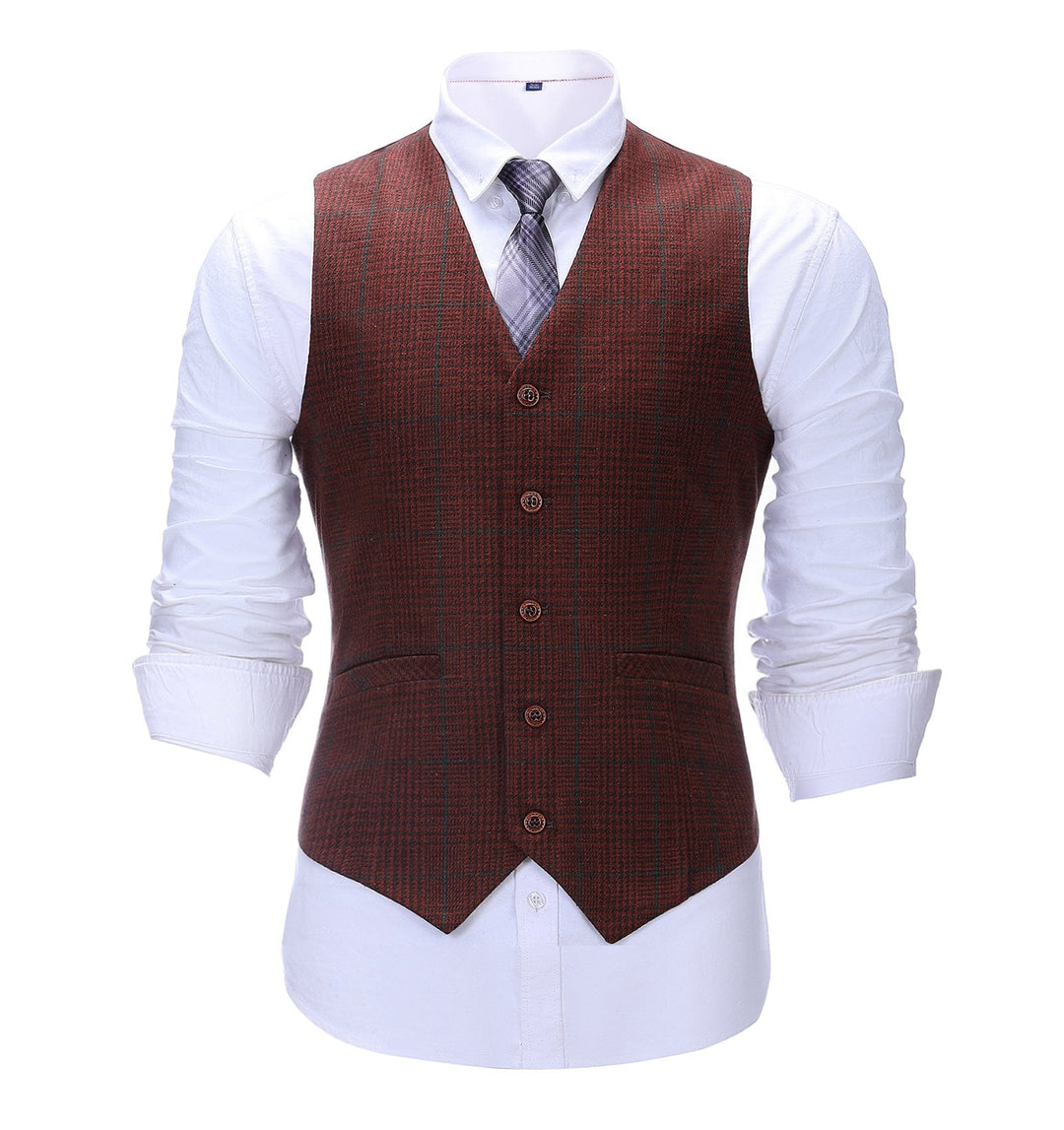 Formal Men's Suit Vest Red Tweed Plaid V Neck Waistcoat mens event wear