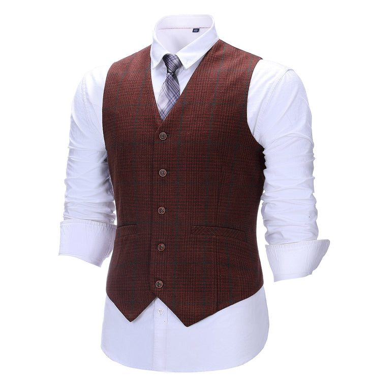 Formal Men's Suit Vest Red Tweed Plaid V Neck Waistcoat mens event wear