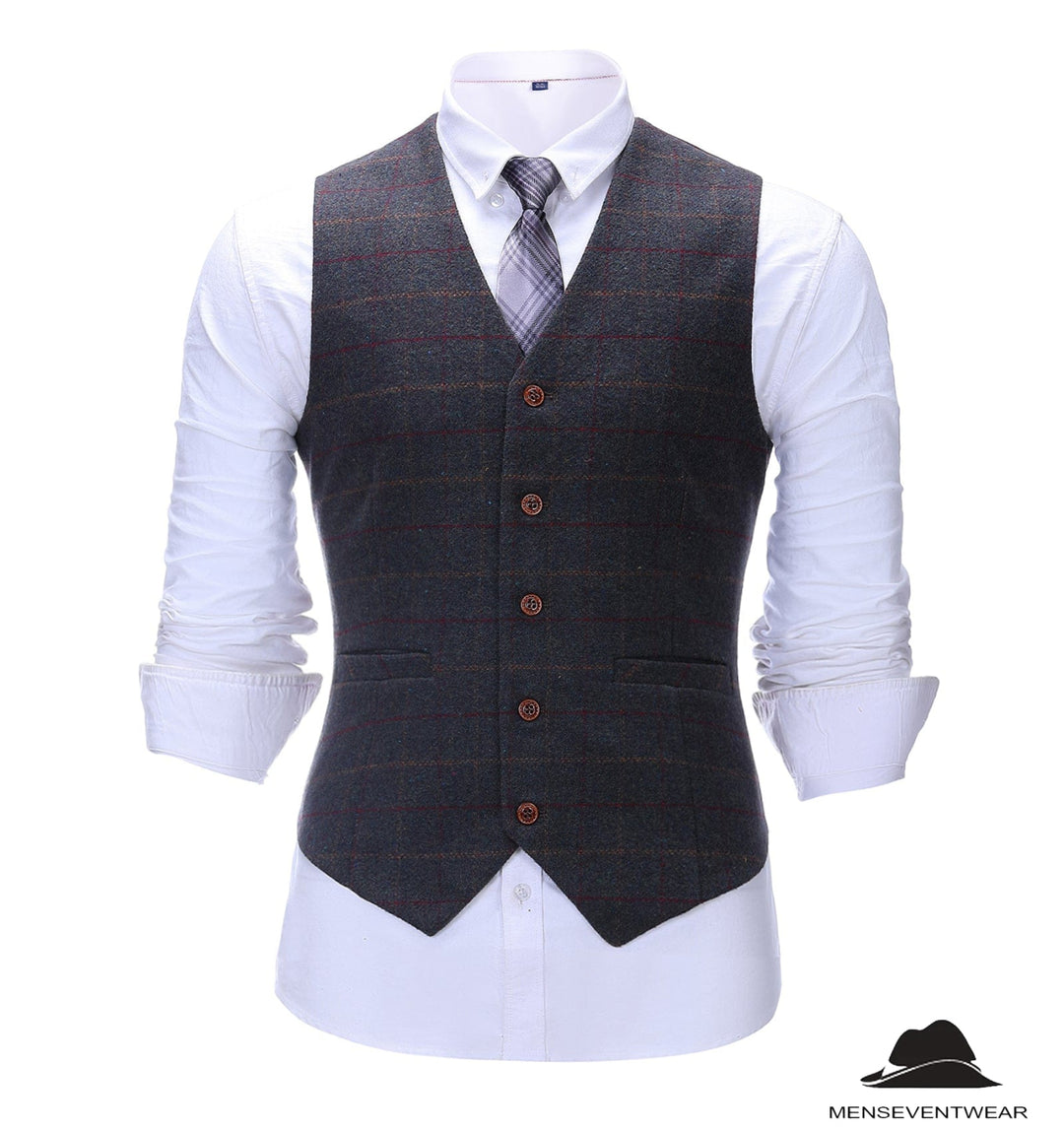 Formal Men's Suit Vest Tweed Plaid V Neck Waistcoat mens event wear