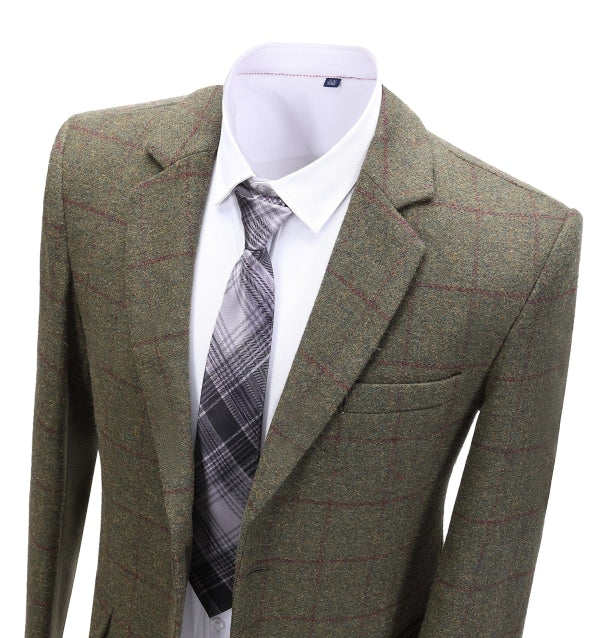 Formal Men's Tweed Green Plaid Notch Lapel Blazer mens event wear