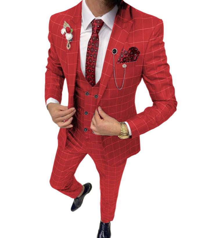 Formal Mens Suit 3 Pieces Business Plaid Solid Peak Lapel Tuxedos (Blazer+Vest+Pants) Adam Reed