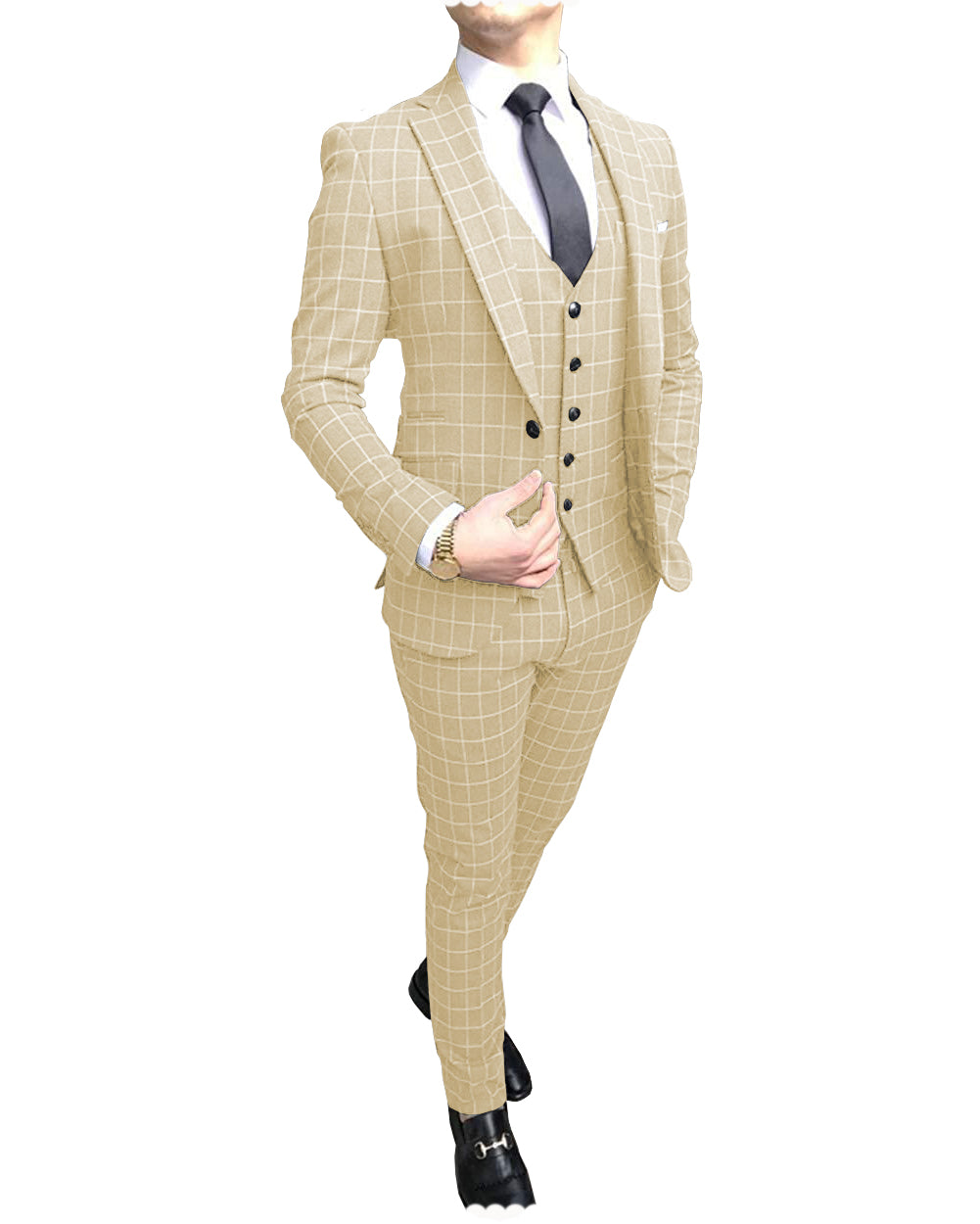Formal Mens Suit Notch Lapel Blazer Plaid 3 Pieces (Blazer+vest+Pants) mens event wear