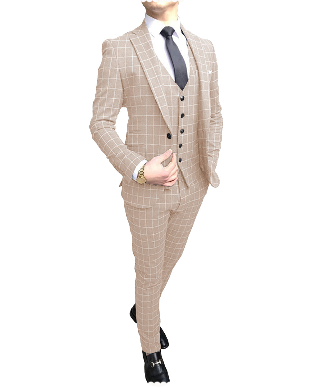 Formal Mens Suit Notch Lapel Blazer Plaid 3 Pieces (Blazer+vest+Pants) mens event wear
