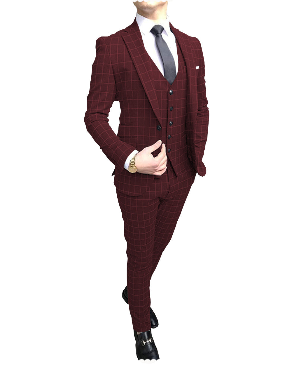 Formal Mens Suit Notch Lapel Blazer Plaid 3 Pieces (Blazer+vest+Pants) mens event wear