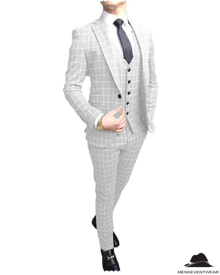 Formal Mens Suit Notch Lapel Blazer Plaid 3 Pieces (Blazer+vest+Pants) mens event wear