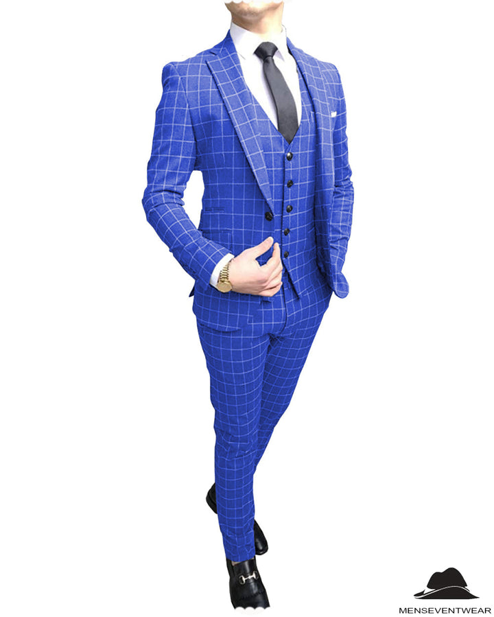 Formal Mens Suit Notch Lapel Blazer Plaid 3 Pieces (Blazer+vest+Pants) mens event wear