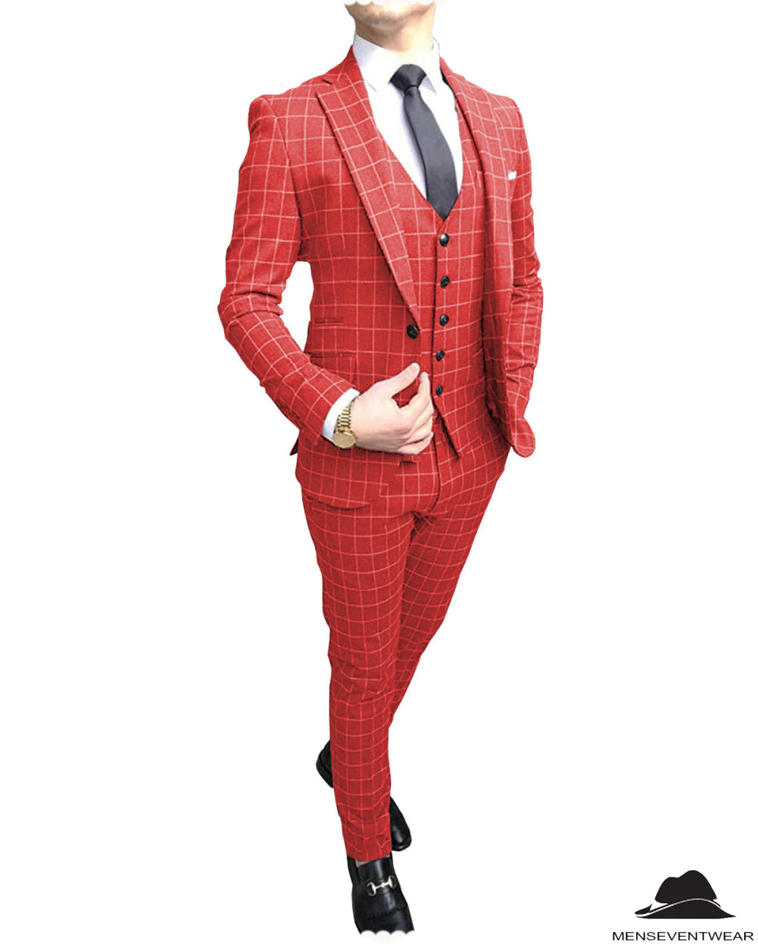 Formal Mens Suit Notch Lapel Blazer Plaid 3 Pieces (Blazer+vest+Pants) mens event wear