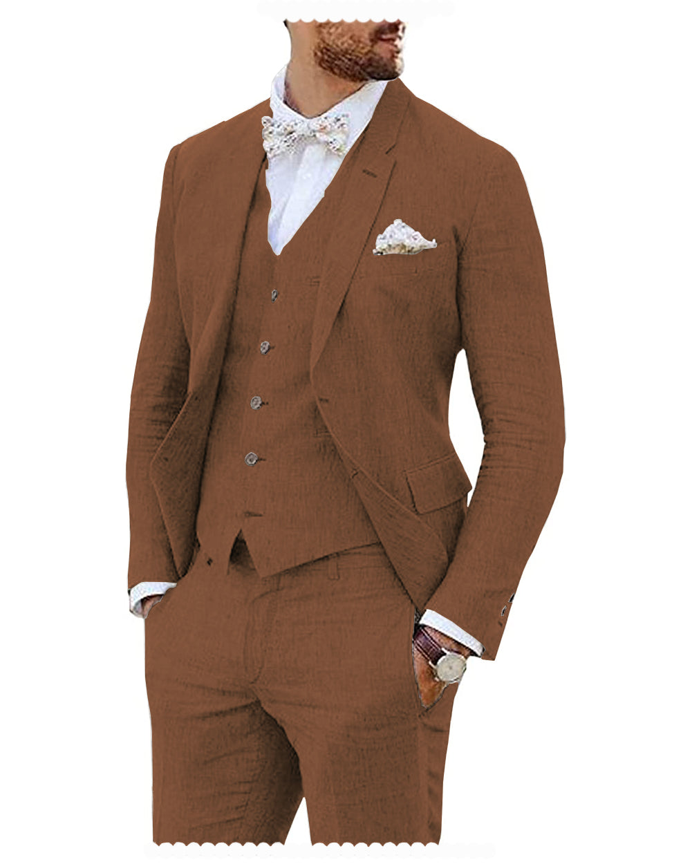 Leisure 3 Piece Men's Suit Flat Linen Notch Lapel (Blazer+Vest+Pants) menseventwear