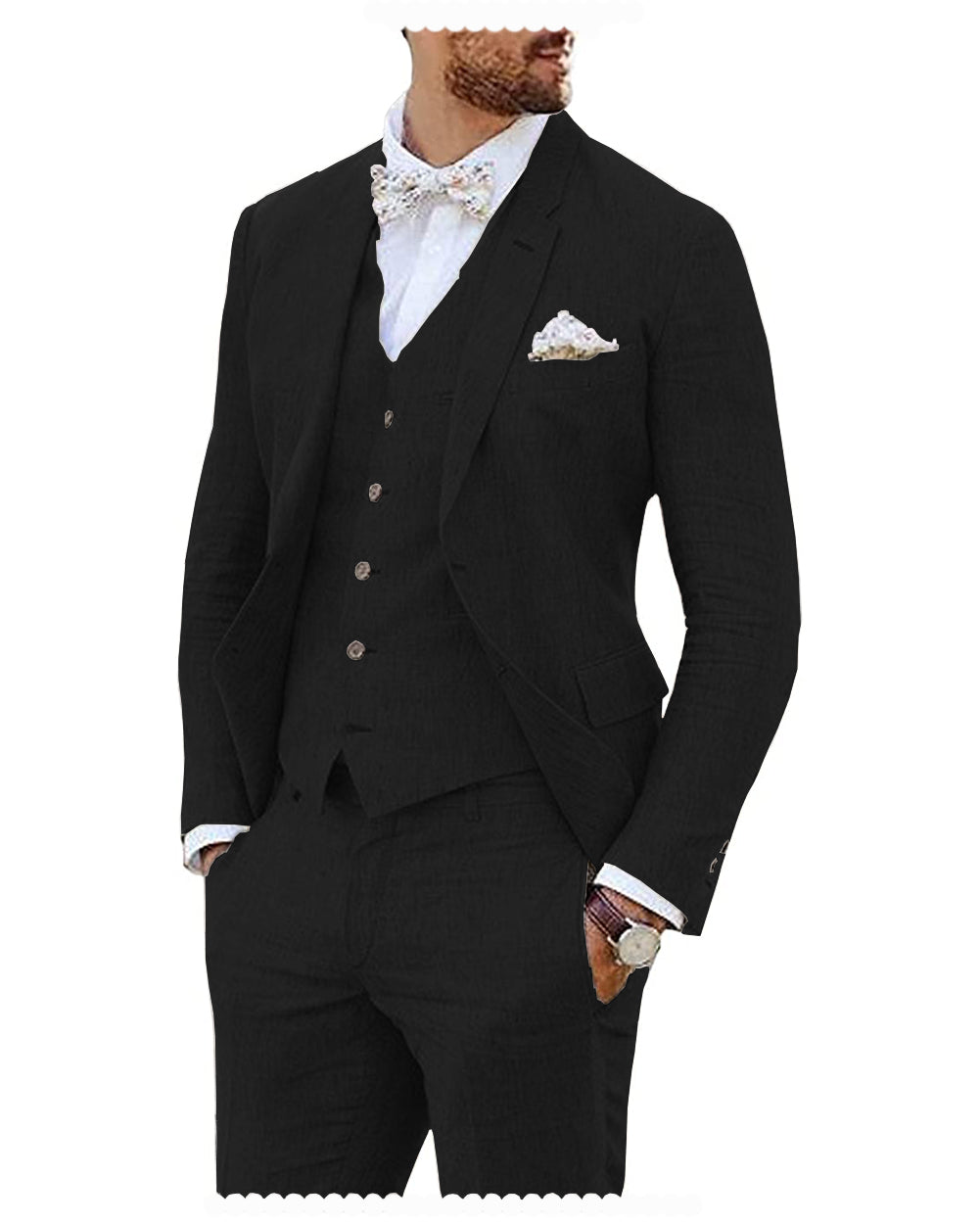Leisure 3 Piece Men's Suit Flat Linen Notch Lapel (Blazer+Vest+Pants) menseventwear