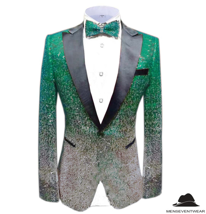 Men Fashion Gradual Change Color Sequins Tuxedos Suit Peak Lapel Blazer mens event wear